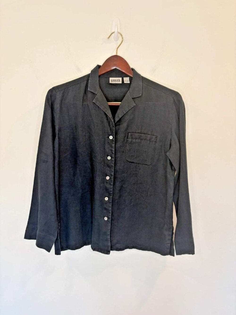 Vintage Chicos Design 100% Linen Button Up Shirt Sz 1/US M Black Long Sleeve